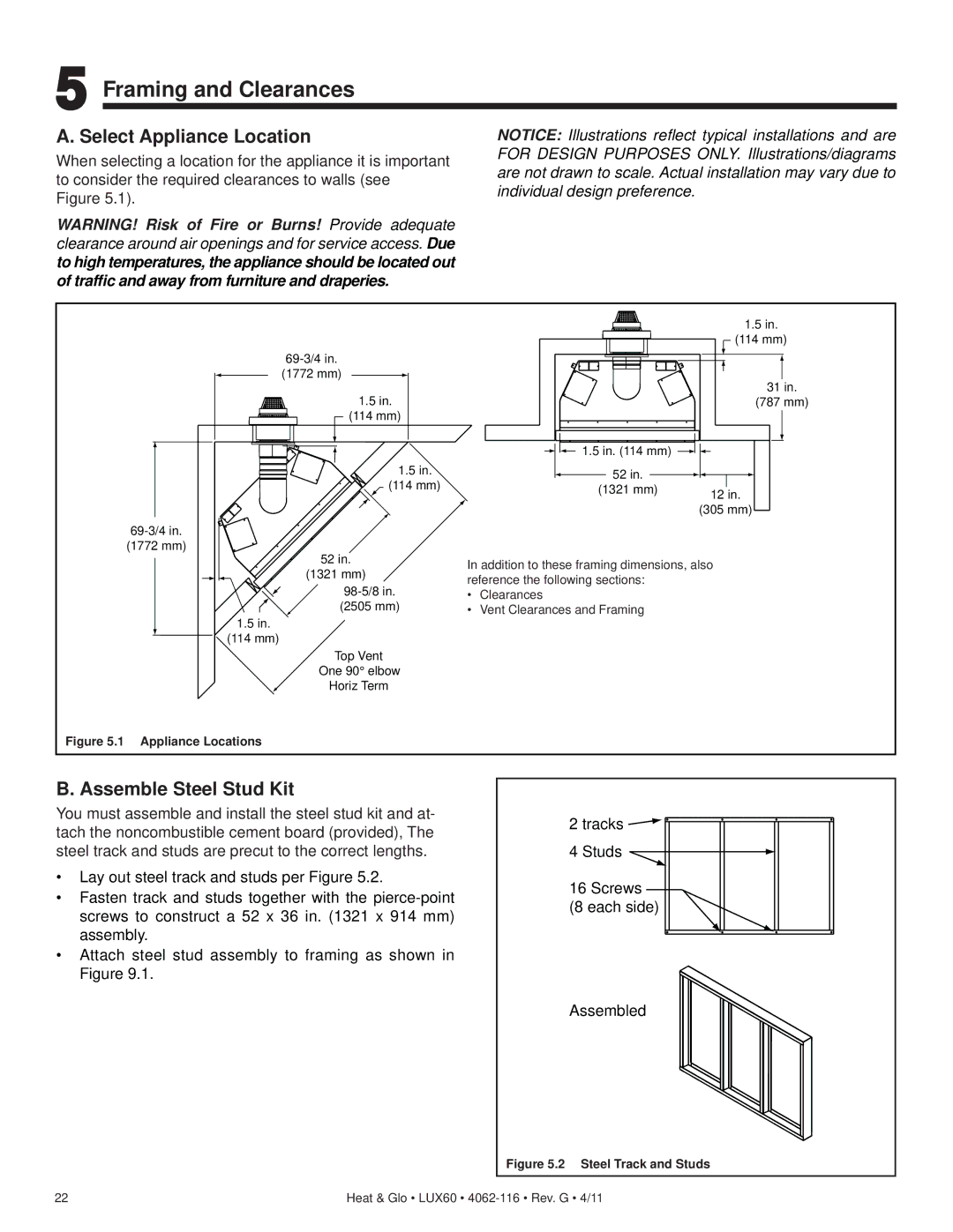 Heat & Glo LifeStyle LUX60 owner manual Framing and Clearances, Select Appliance Location, Assemble Steel Stud Kit 