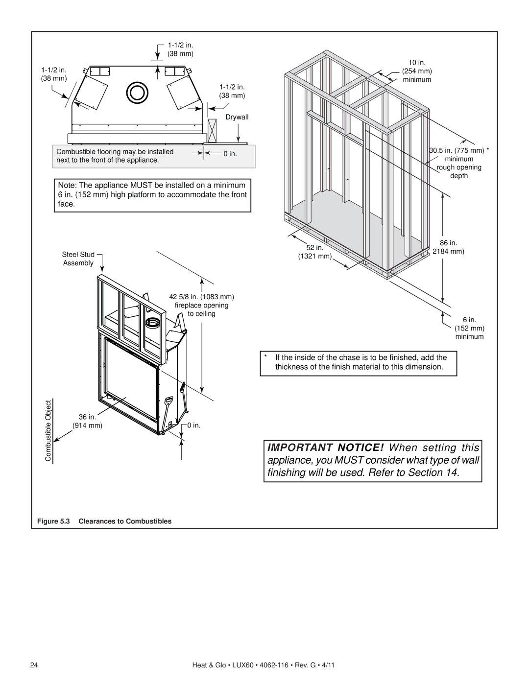 Heat & Glo LifeStyle LUX60 owner manual Clearances to Combustibles 