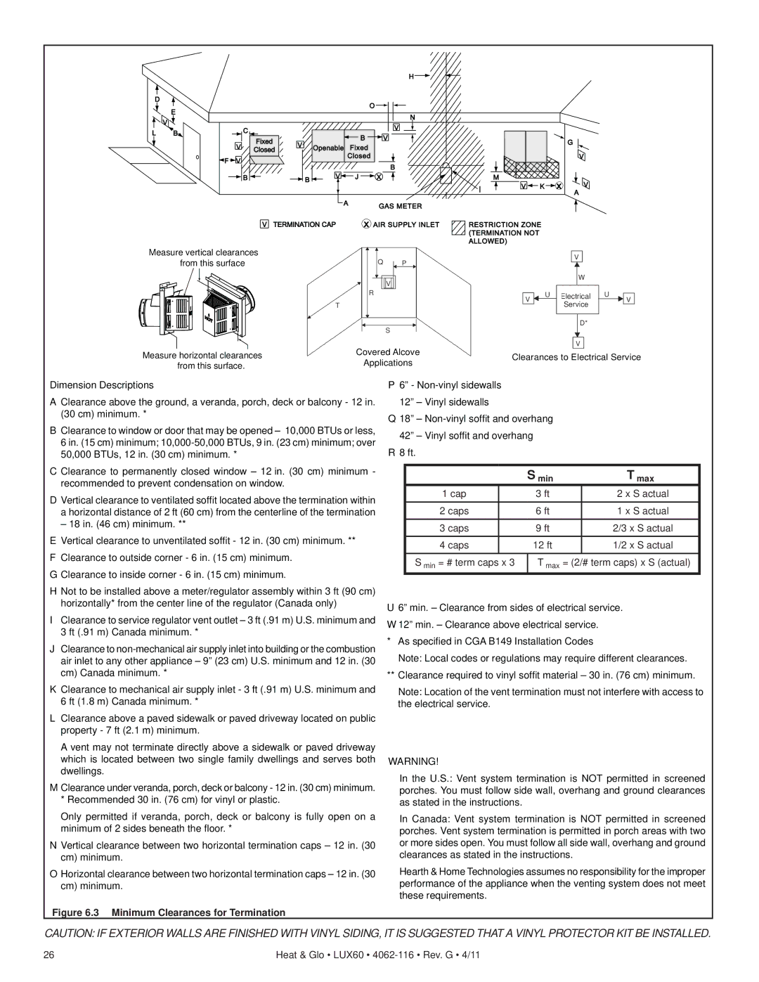 Heat & Glo LifeStyle LUX60 owner manual Minimum Clearances for Termination 