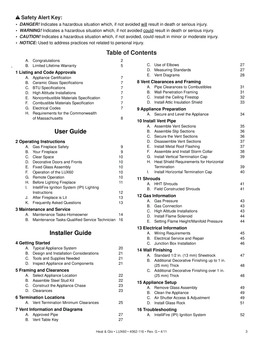 Heat & Glo LifeStyle LUX60 owner manual Table of Contents 