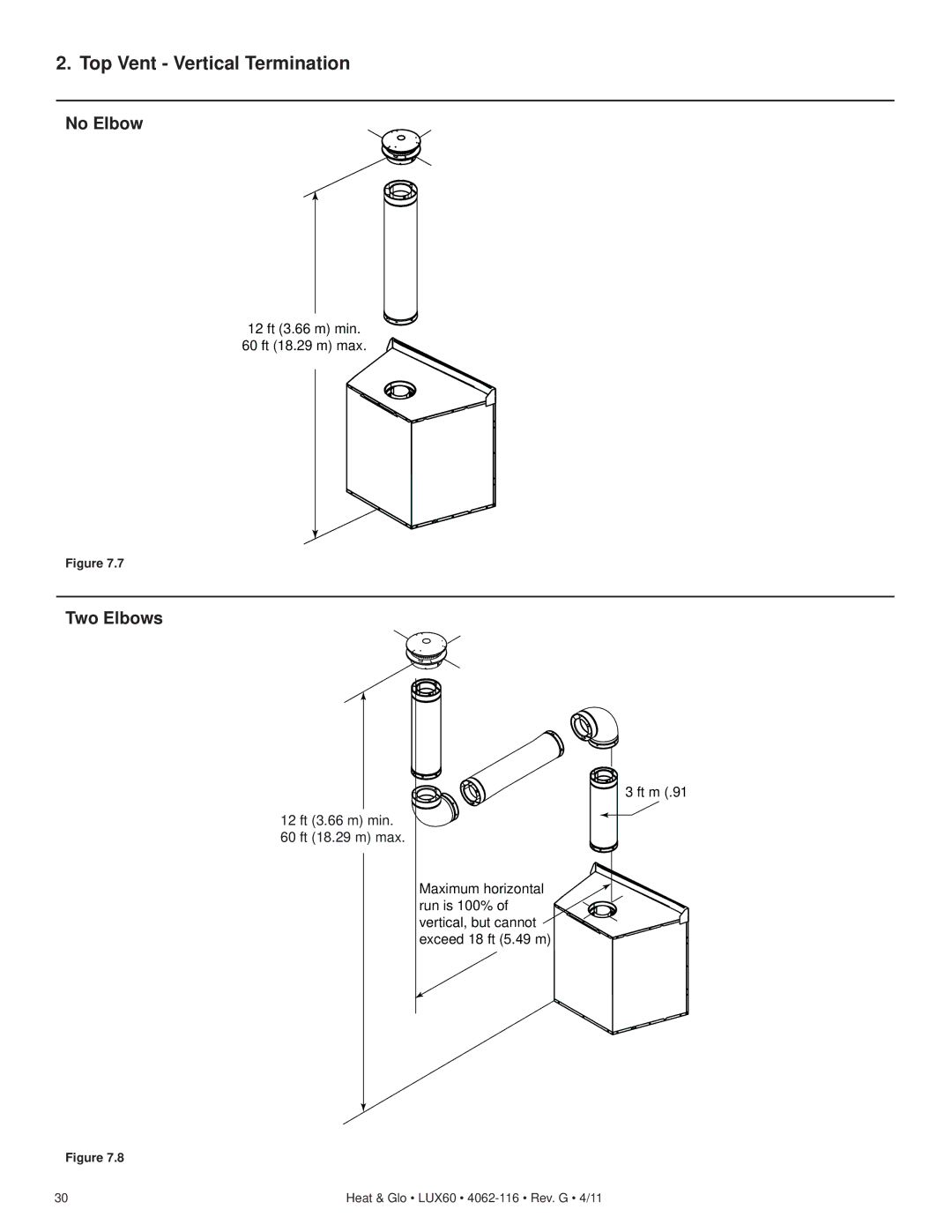 Heat & Glo LifeStyle LUX60 owner manual Top Vent Vertical Termination, No Elbow, Two Elbows 