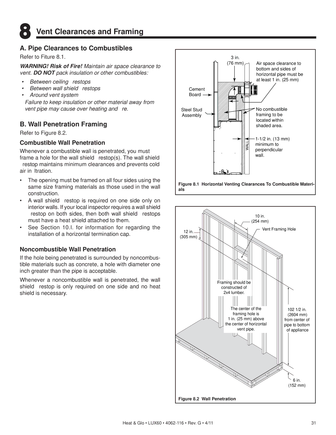 Heat & Glo LifeStyle LUX60 Vent Clearances and Framing, Pipe Clearances to Combustibles, Wall Penetration Framing 