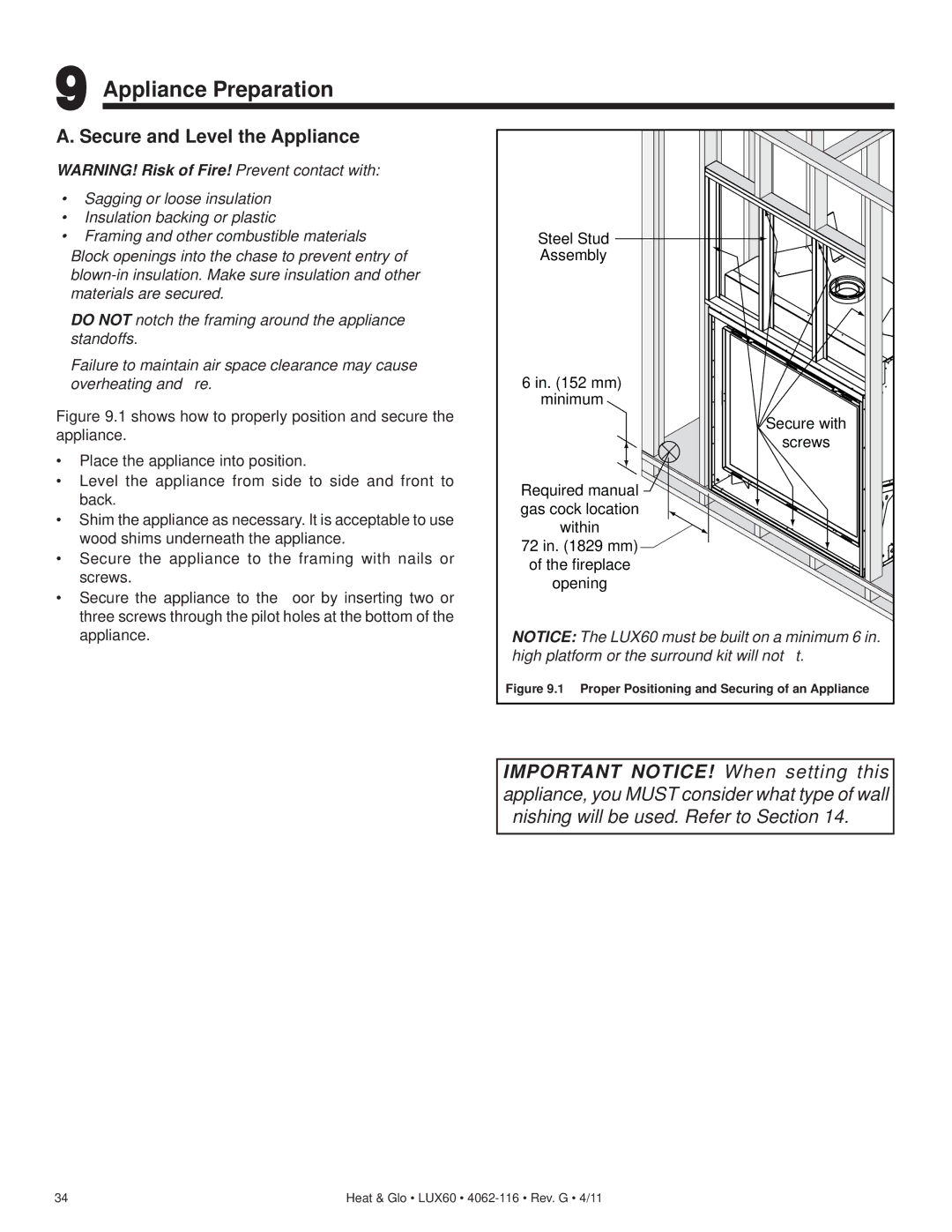 Heat & Glo LifeStyle LUX60 owner manual Appliance Preparation, Secure and Level the Appliance 