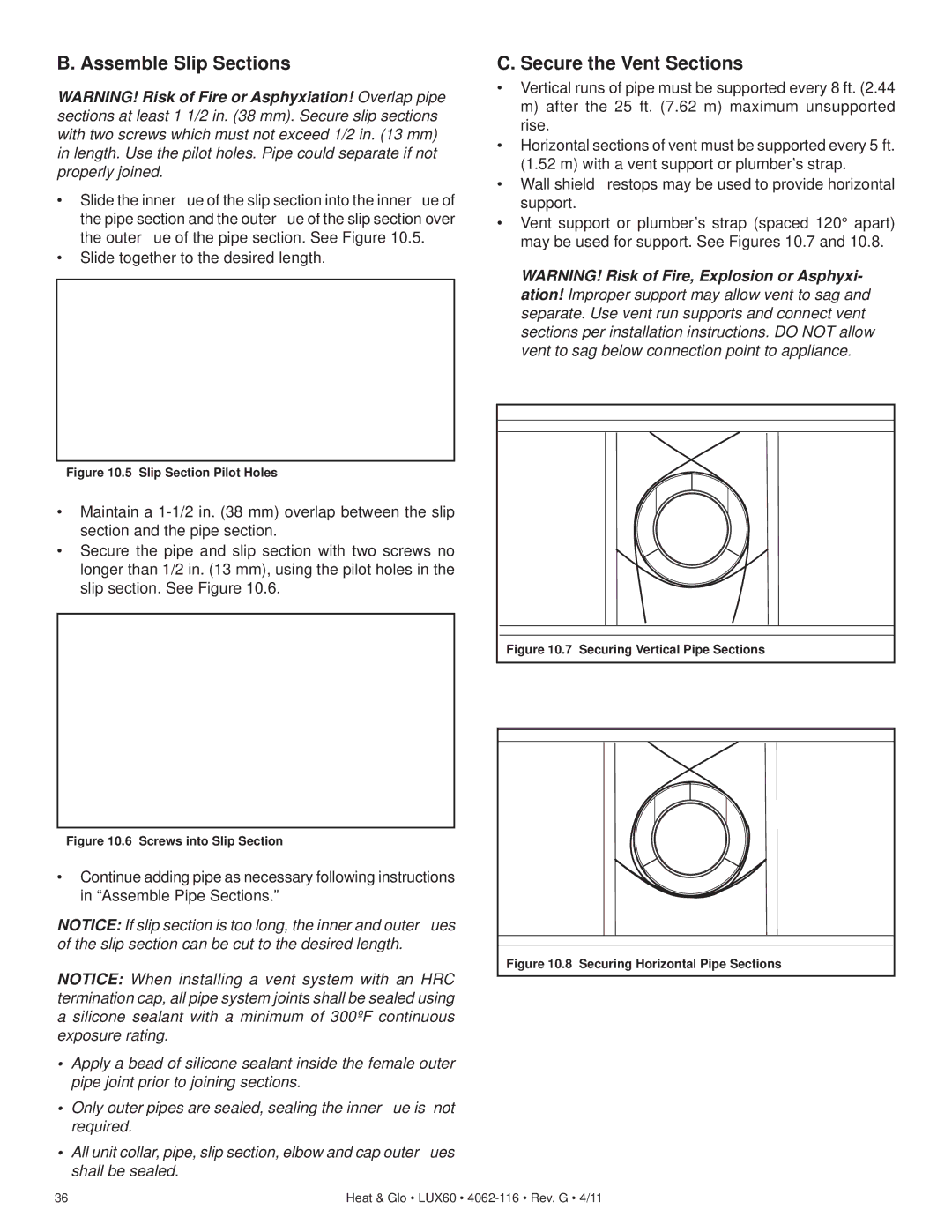 Heat & Glo LifeStyle LUX60 owner manual Assemble Slip Sections, Secure the Vent Sections 