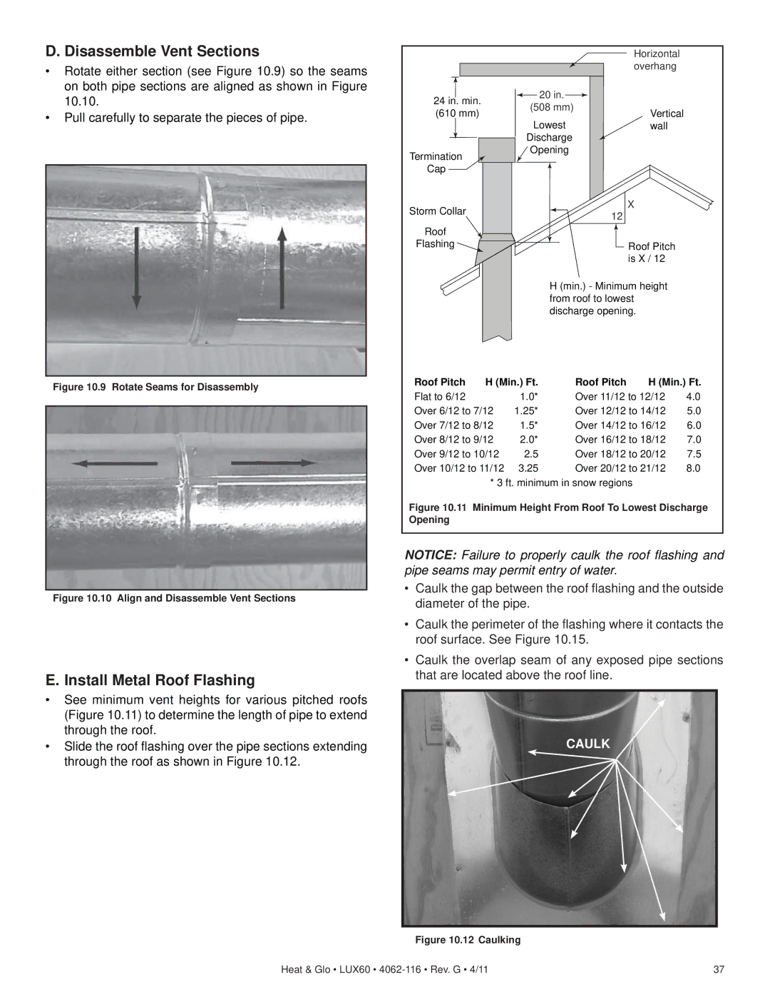 Heat & Glo LifeStyle LUX60 owner manual Disassemble Vent Sections, Install Metal Roof Flashing 