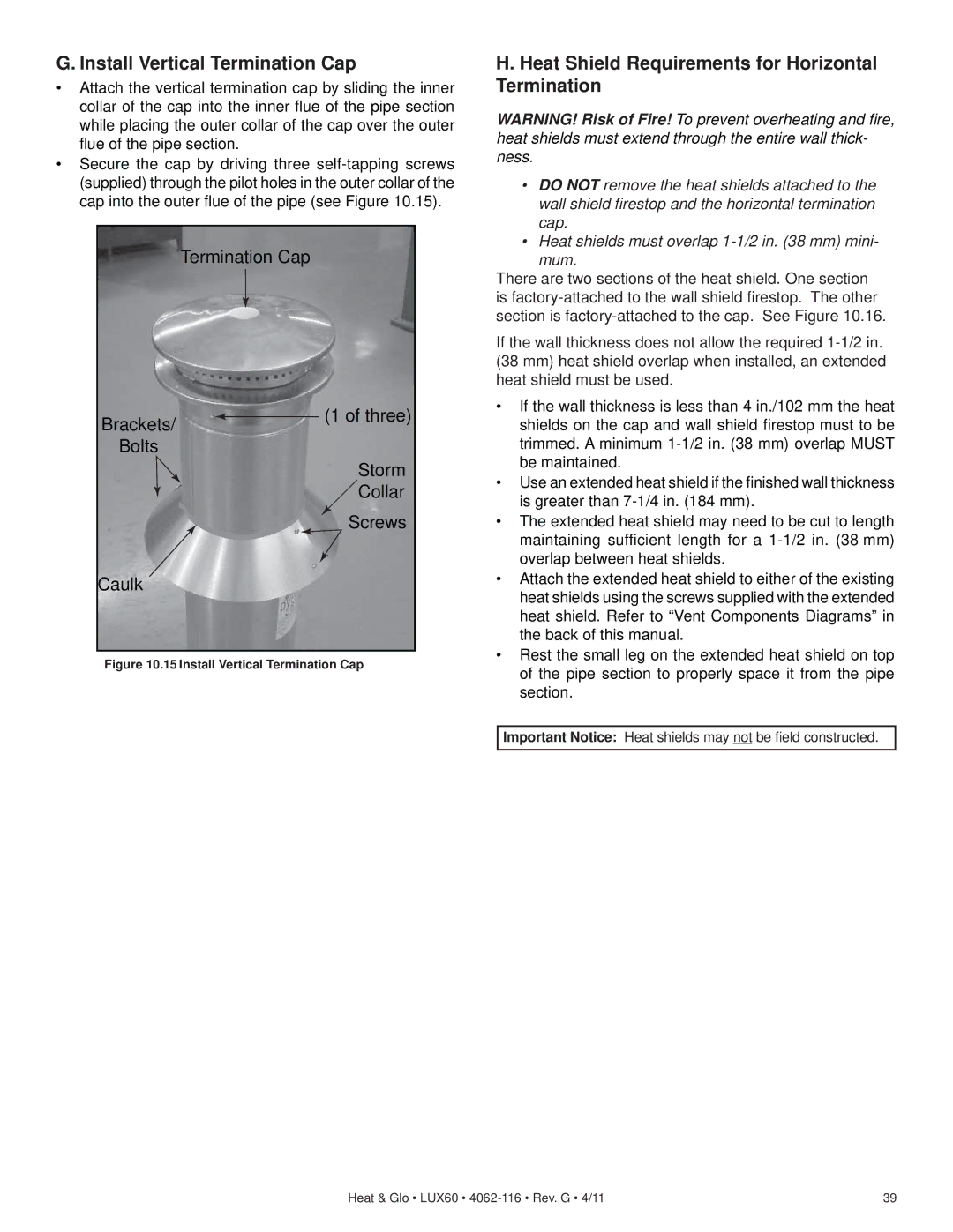 Heat & Glo LifeStyle LUX60 Install Vertical Termination Cap, Heat Shield Requirements for Horizontal Termination 