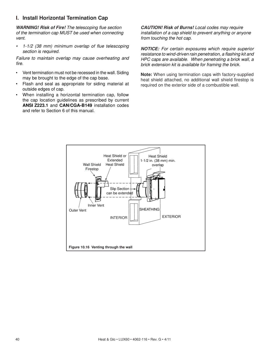 Heat & Glo LifeStyle LUX60 owner manual Install Horizontal Termination Cap, Venting through the wall 