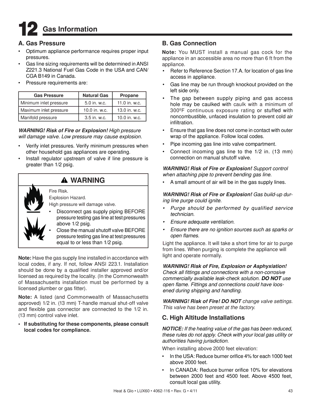 Heat & Glo LifeStyle LUX60 owner manual Gas Information, Gas Pressure, Gas Connection 