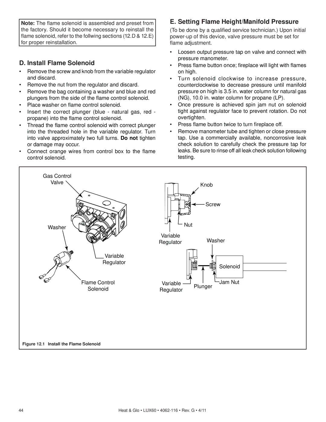 Heat & Glo LifeStyle LUX60 owner manual Install Flame Solenoid, Setting Flame Height/Manifold Pressure 