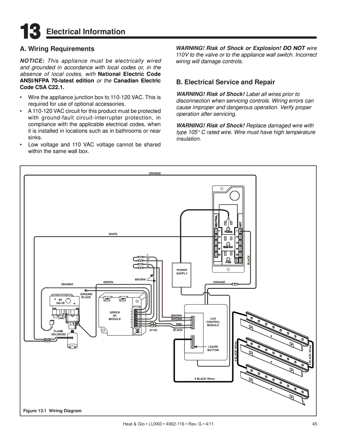 Heat & Glo LifeStyle LUX60 owner manual Electrical Information, Wiring Requirements, Electrical Service and Repair 