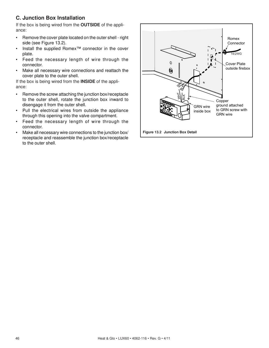 Heat & Glo LifeStyle LUX60 owner manual Junction Box Installation, Junction Box Detail 