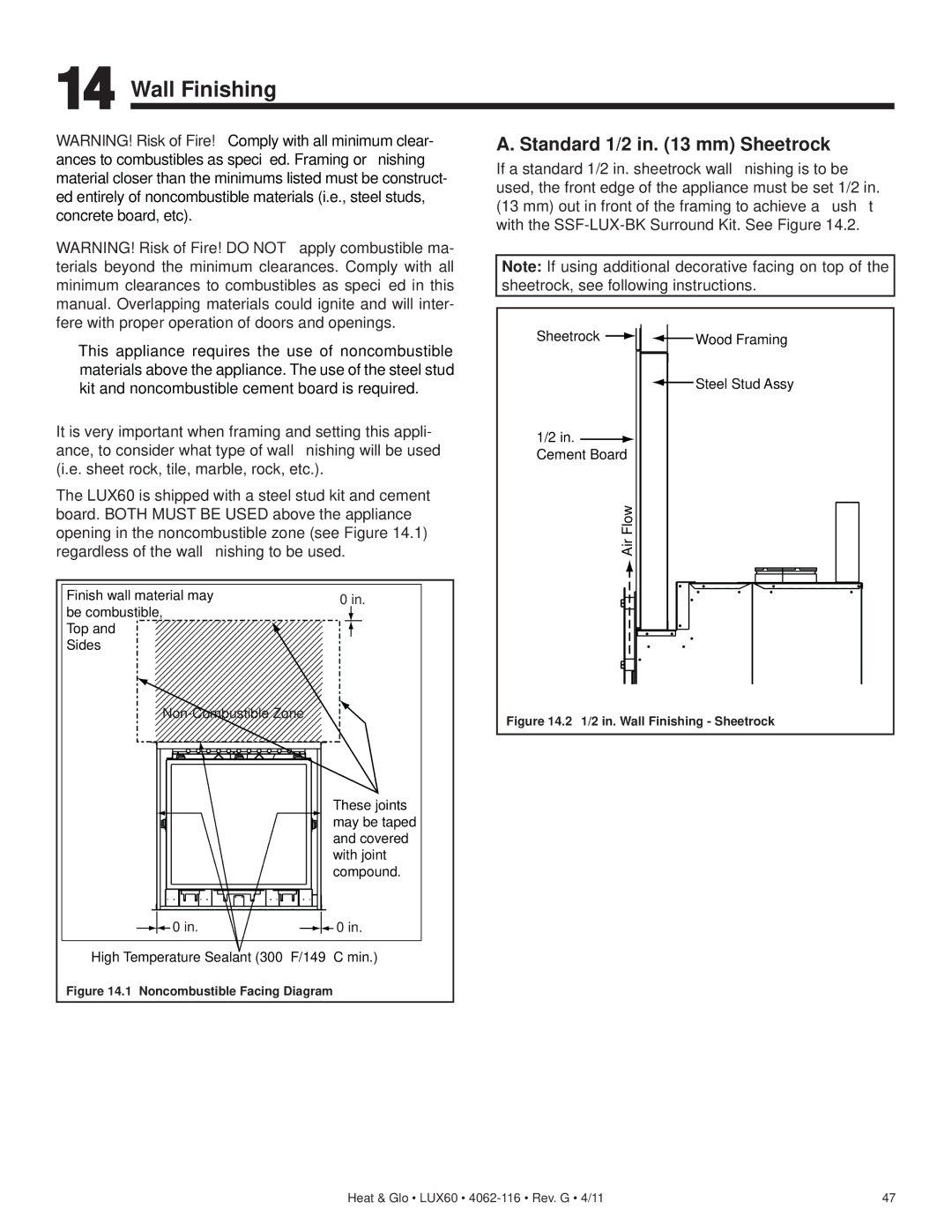 Heat & Glo LifeStyle LUX60 owner manual Wall Finishing, Standard 1/2 in mm Sheetrock 