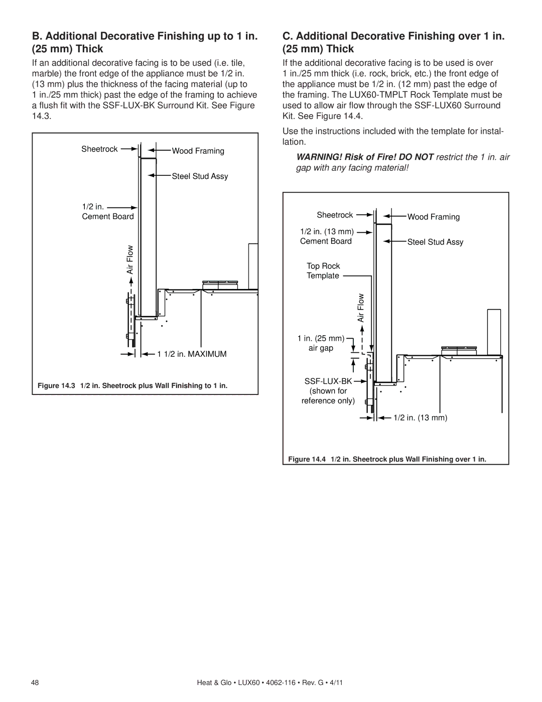 Heat & Glo LifeStyle LUX60 owner manual Additional Decorative Finishing up to 1 in mm Thick 