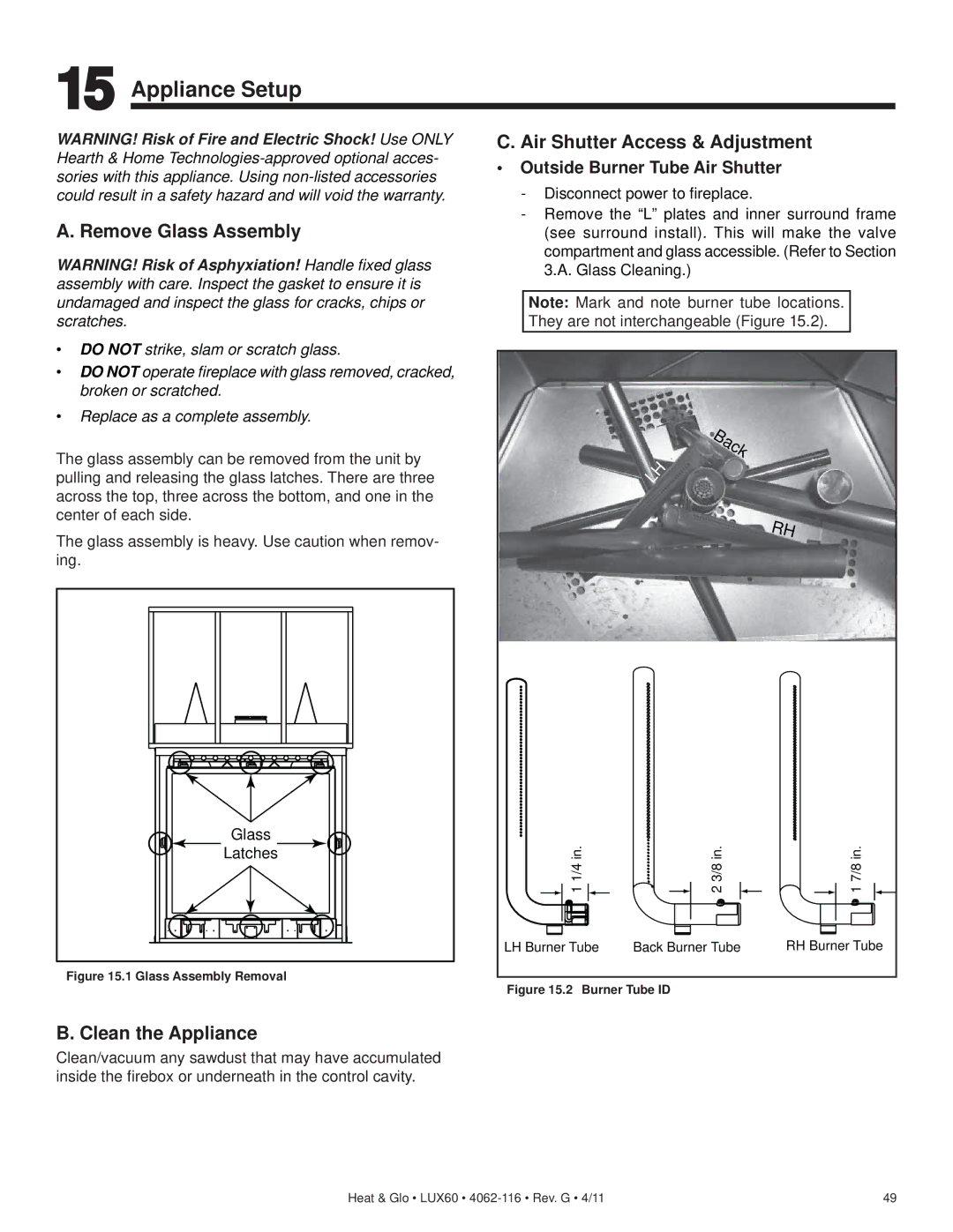 Heat & Glo LifeStyle LUX60 Appliance Setup, Remove Glass Assembly, Air Shutter Access & Adjustment, Clean the Appliance 