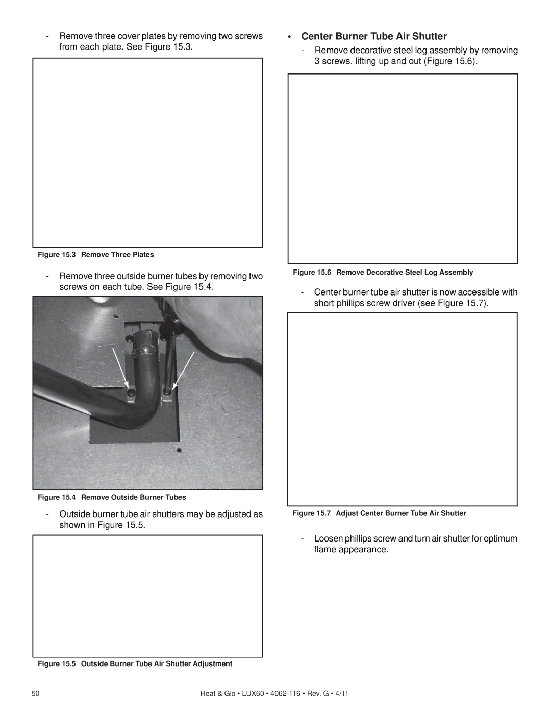 Heat & Glo LifeStyle LUX60 owner manual Center Burner Tube Air Shutter, Outside Burner Tube Air Shutter Adjustment 