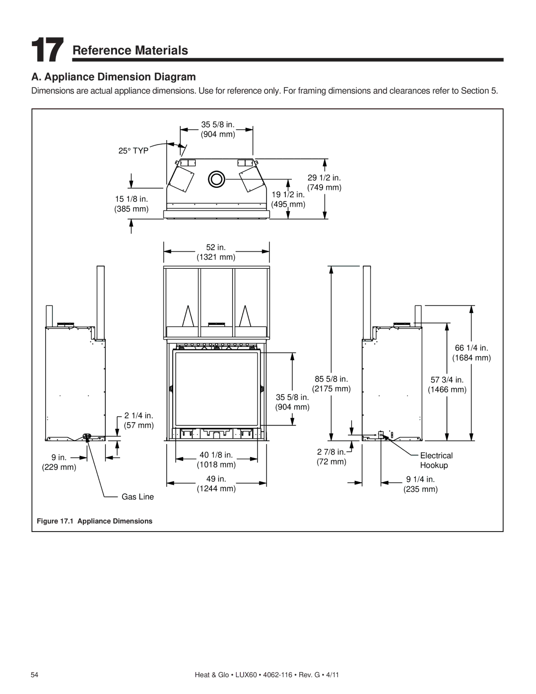 Heat & Glo LifeStyle LUX60 owner manual Reference Materials, Appliance Dimension Diagram 