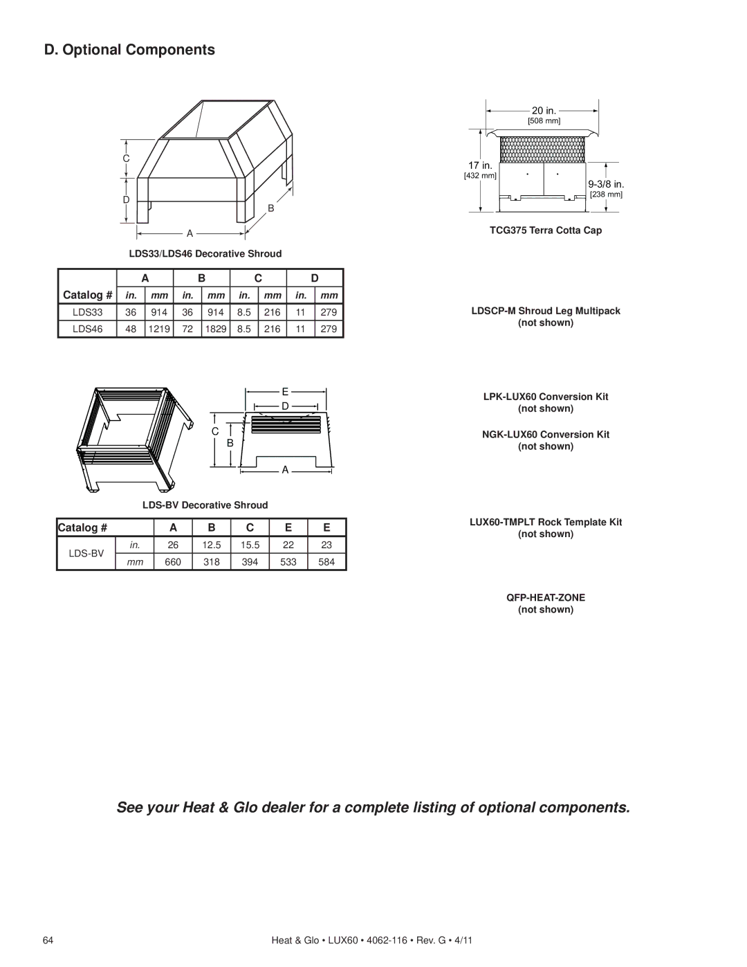 Heat & Glo LifeStyle LUX60 owner manual Optional Components 