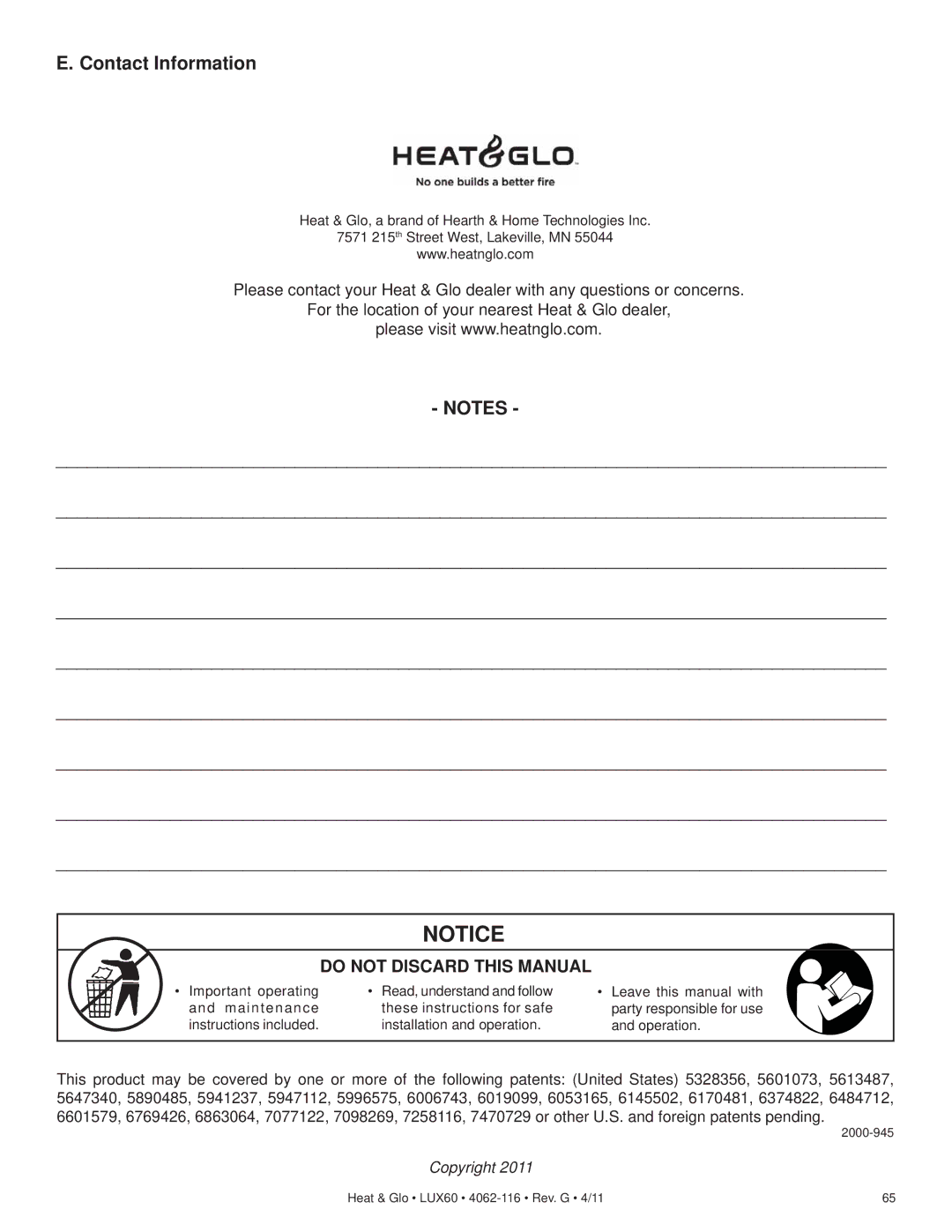 Heat & Glo LifeStyle LUX60 owner manual Contact Information, Do not Discard this Manual 