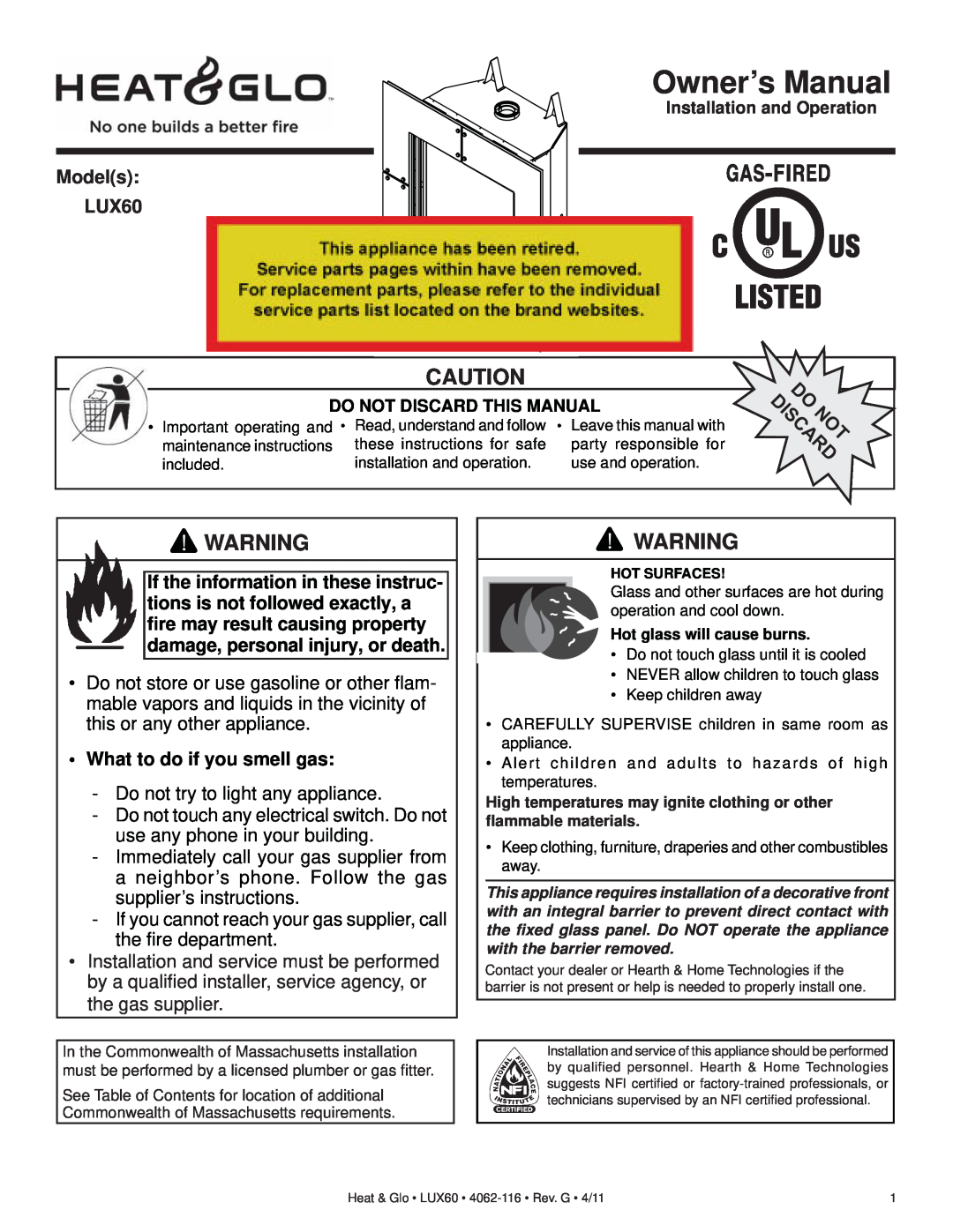 Heat & Glo LifeStyle owner manual Models LUX60, •What to do if you smell gas, Owner’s Manual 