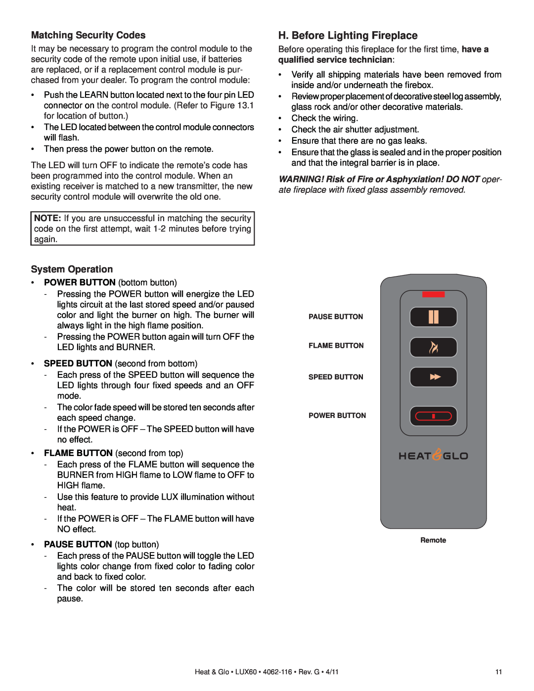 Heat & Glo LifeStyle LUX60 owner manual H. Before Lighting Fireplace, Matching Security Codes, System Operation 