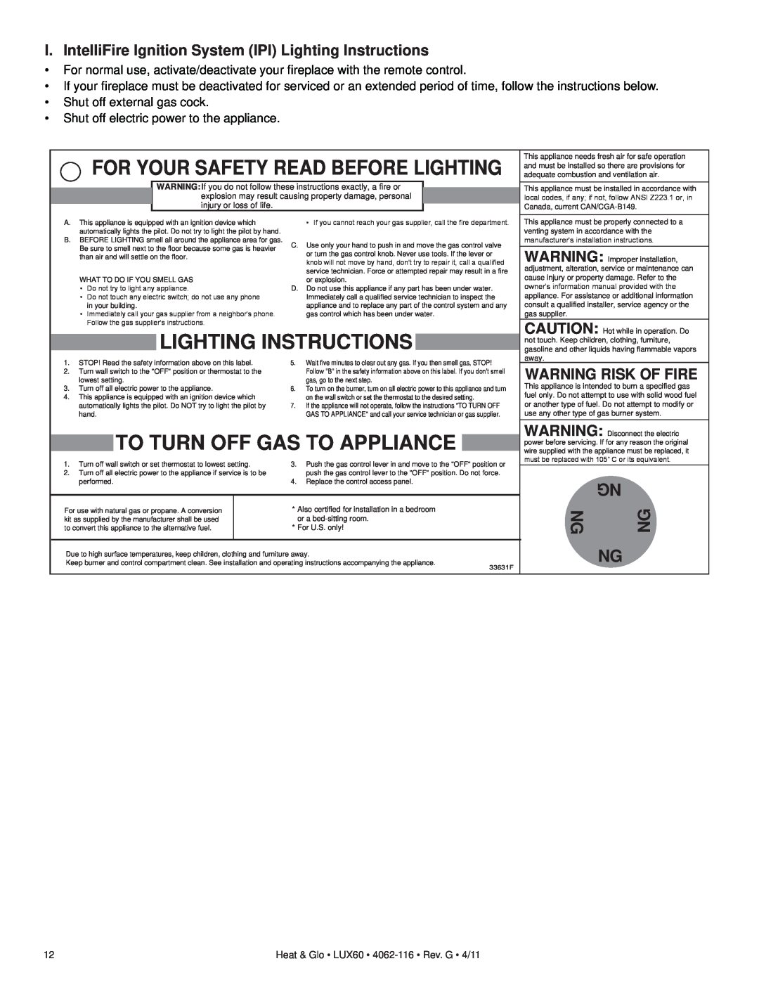Heat & Glo LifeStyle LUX60 Warning Risk Of Fire, To Turn Off Gas To Appliance, For Your Safety Read Before Lighting 