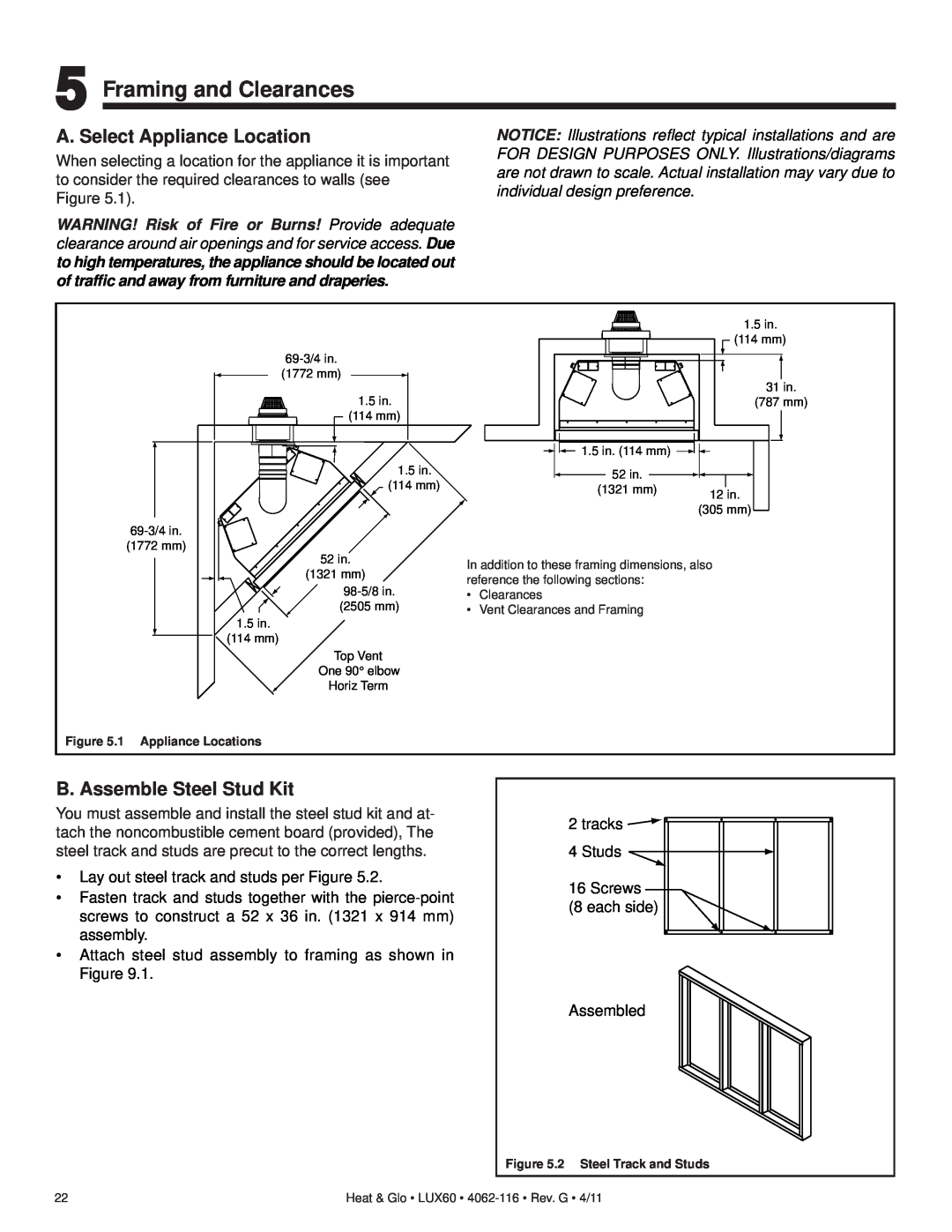 Heat & Glo LifeStyle LUX60 owner manual Framing and Clearances, A. Select Appliance Location, B. Assemble Steel Stud Kit 