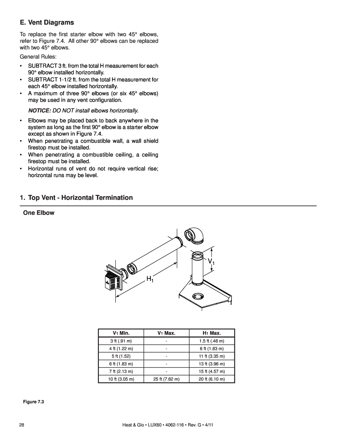 Heat & Glo LifeStyle LUX60 owner manual E. Vent Diagrams, Top Vent - Horizontal Termination, V1 H1, One Elbow 