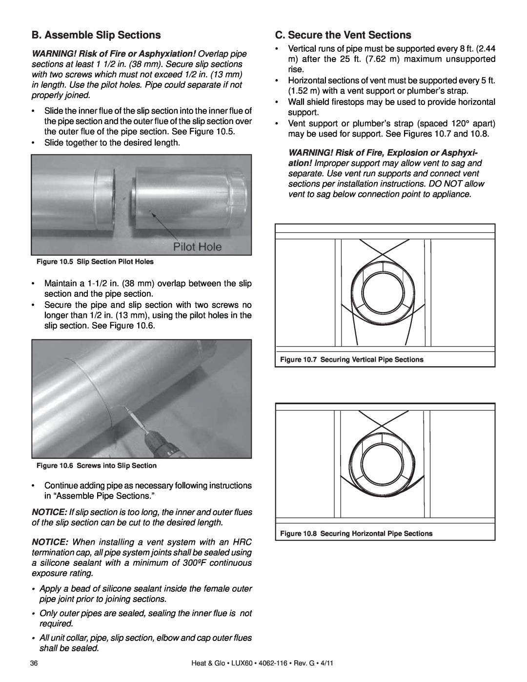 Heat & Glo LifeStyle LUX60 owner manual B. Assemble Slip Sections, C. Secure the Vent Sections 