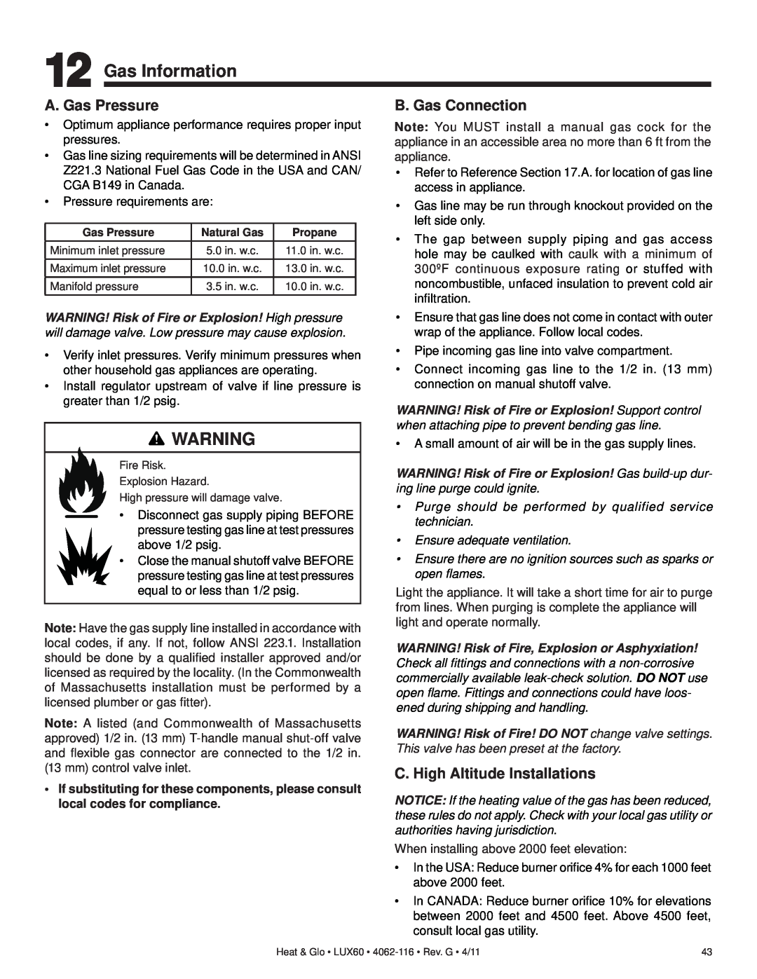 Heat & Glo LifeStyle LUX60 owner manual Gas Information, A. Gas Pressure, B. Gas Connection, C. High Altitude Installations 