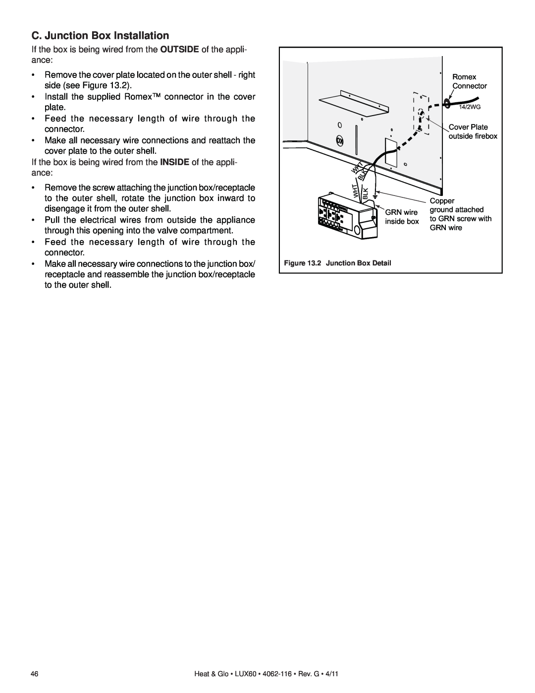 Heat & Glo LifeStyle LUX60 owner manual C. Junction Box Installation, 2 Junction Box Detail 