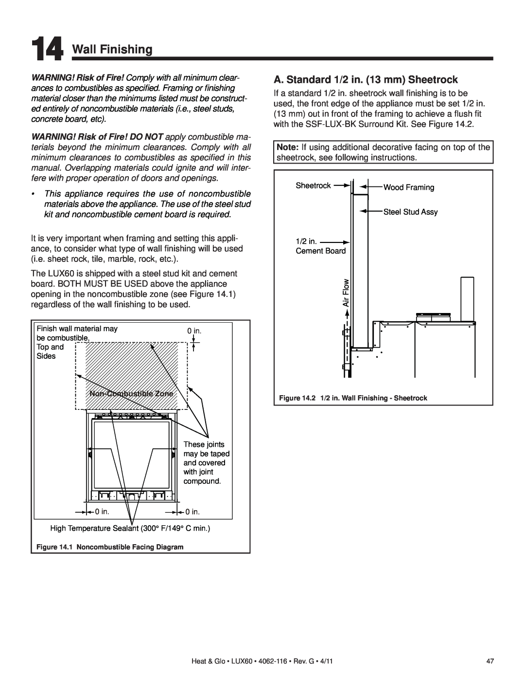 Heat & Glo LifeStyle LUX60 owner manual Wall Finishing, A. Standard 1/2 in. 13 mm Sheetrock 