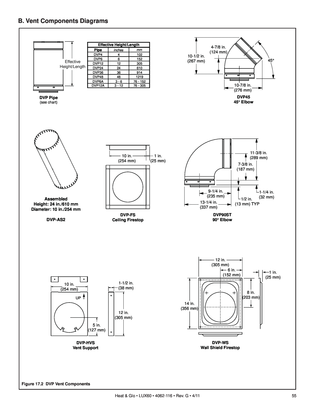 Heat & Glo LifeStyle LUX60 B. Vent Components Diagrams, 124 mm, 10-1/2in, 267 mm, Height/Length, 10-7/8in, 276 mm, DVP45 