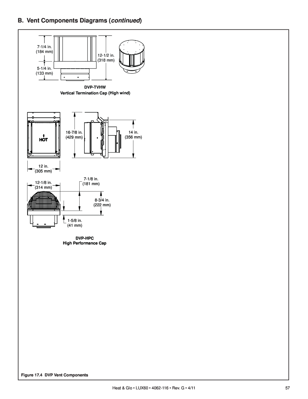 Heat & Glo LifeStyle LUX60 owner manual B. Vent Components Diagrams continued, DVP-TVHW Vertical Termination Cap High wind 