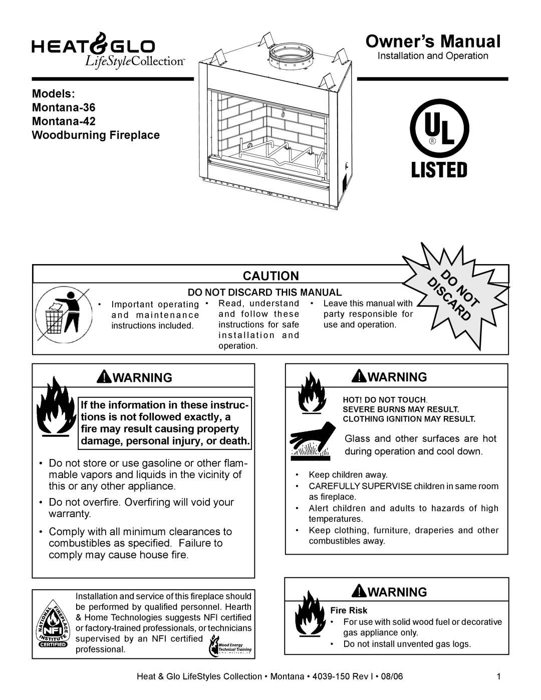 Heat & Glo LifeStyle owner manual Models Montana-36 Montana-42 Woodburning Fireplace, Fire Risk 