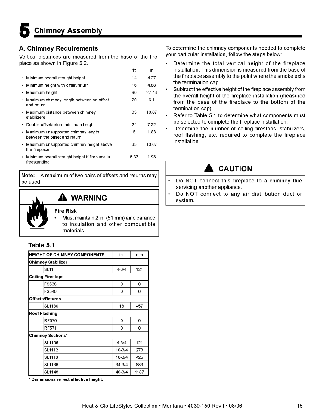 Heat & Glo LifeStyle Montana-36, Montana-42 owner manual Chimney Assembly, Height of Chimney Components 