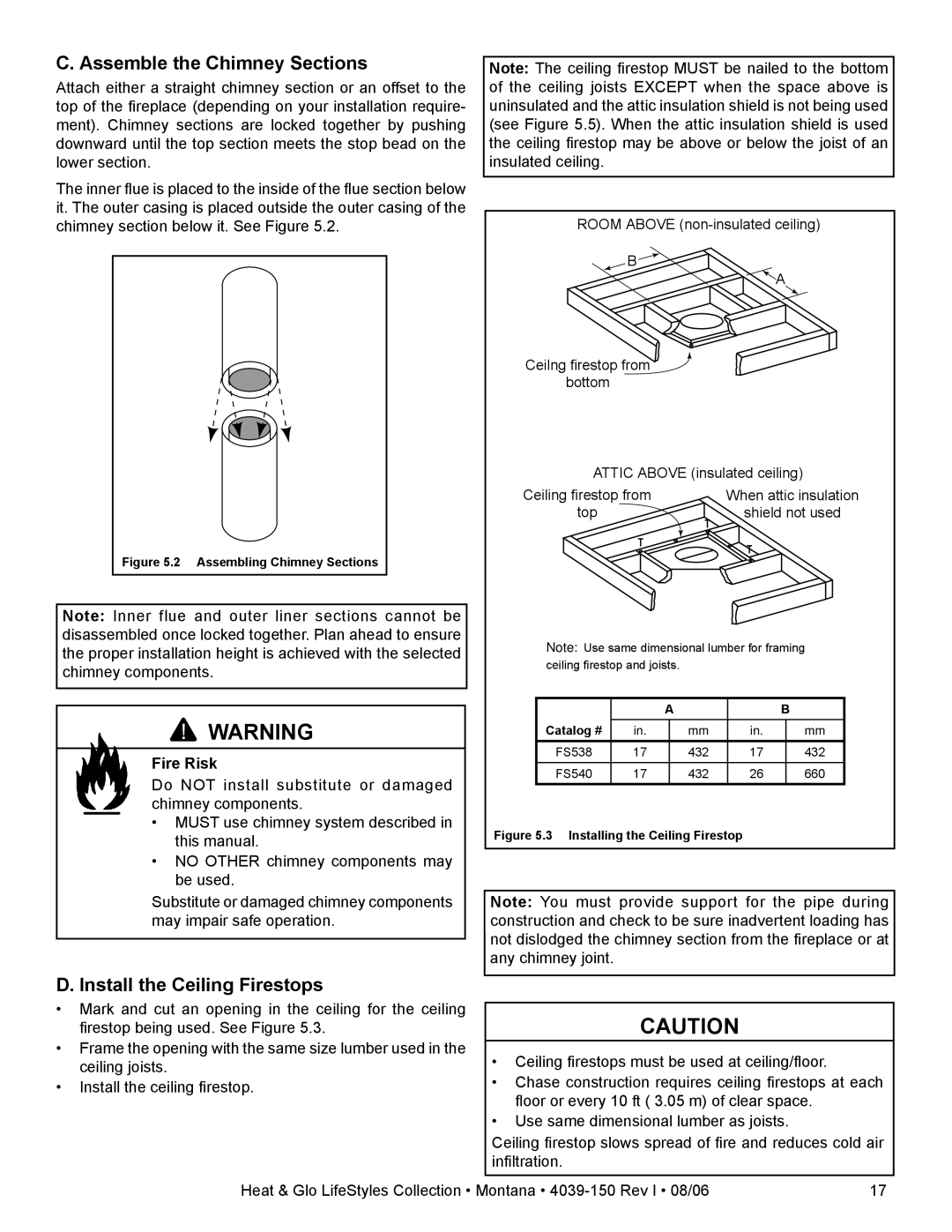 Heat & Glo LifeStyle Montana-36, Montana-42 owner manual Assemble the Chimney Sections, Install the Ceiling Firestops 