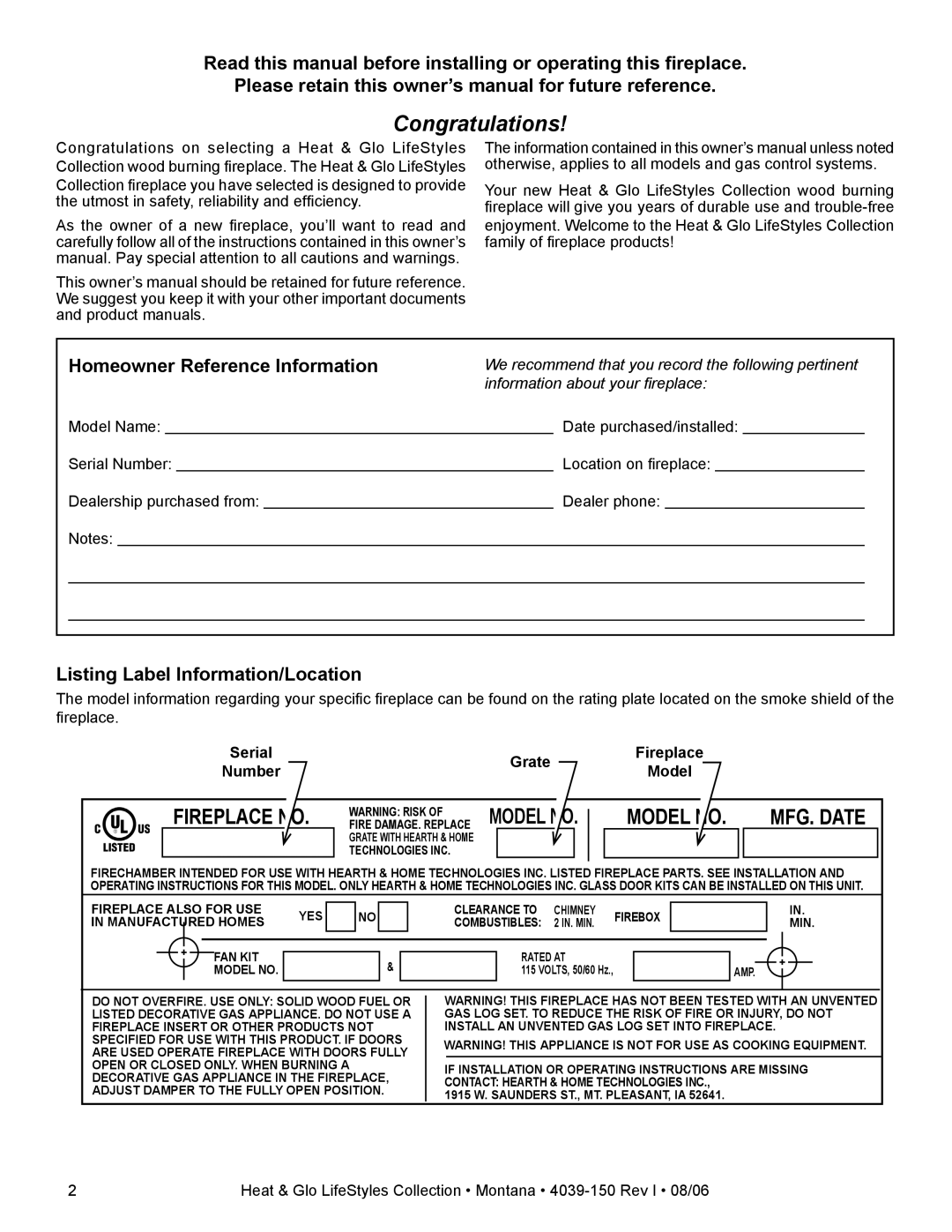 Heat & Glo LifeStyle Montana-42, Montana-36 owner manual Listing Label Information/Location, Grate, Number 