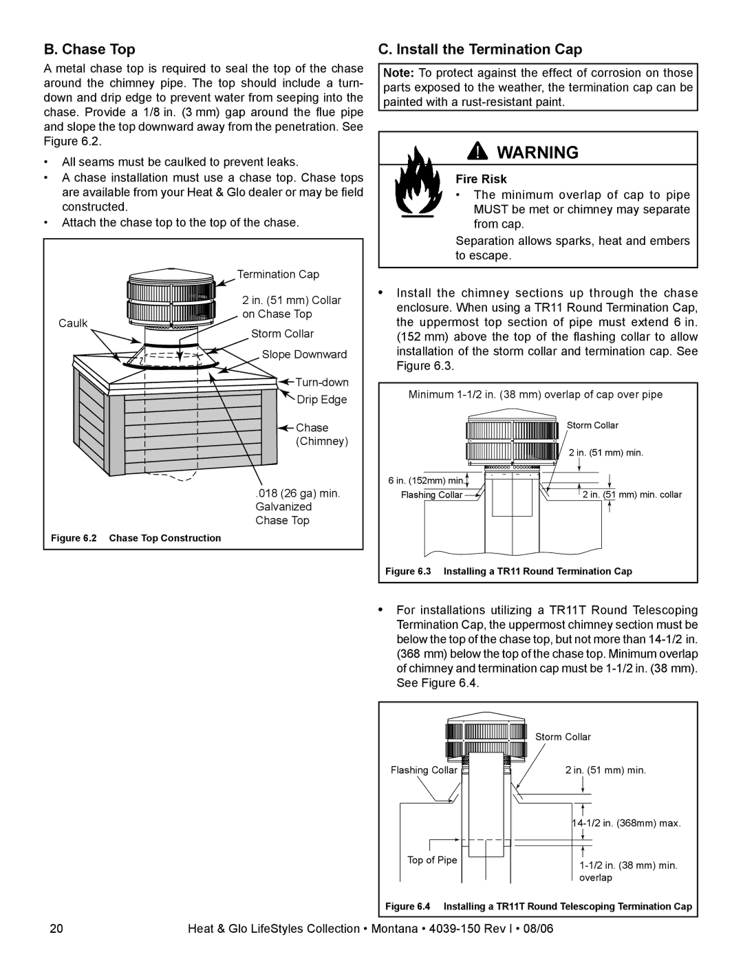 Heat & Glo LifeStyle Montana-42, Montana-36 owner manual Chase Top, Install the Termination Cap 