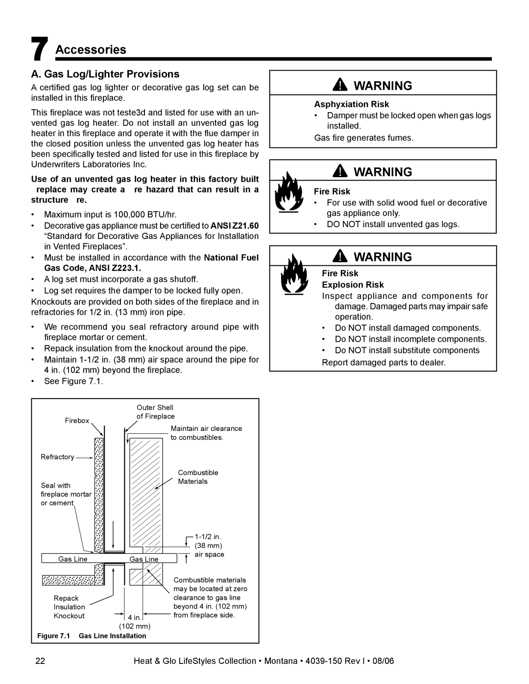 Heat & Glo LifeStyle Montana-42, Montana-36 owner manual Accessories, Gas Log/Lighter Provisions, Gas Code, Ansi Z223.1 