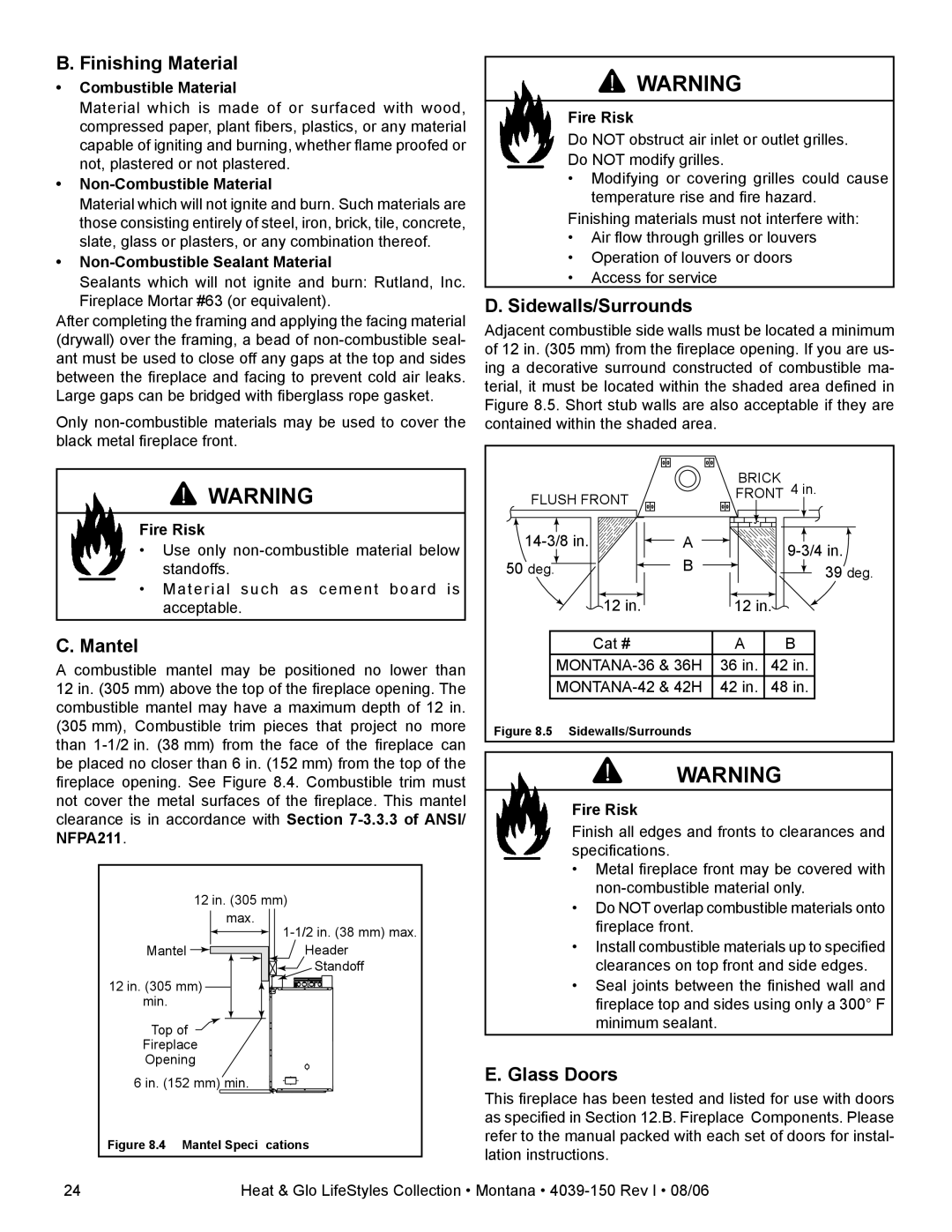 Heat & Glo LifeStyle Montana-42, Montana-36 owner manual Finishing Material, Mantel, Glass Doors 