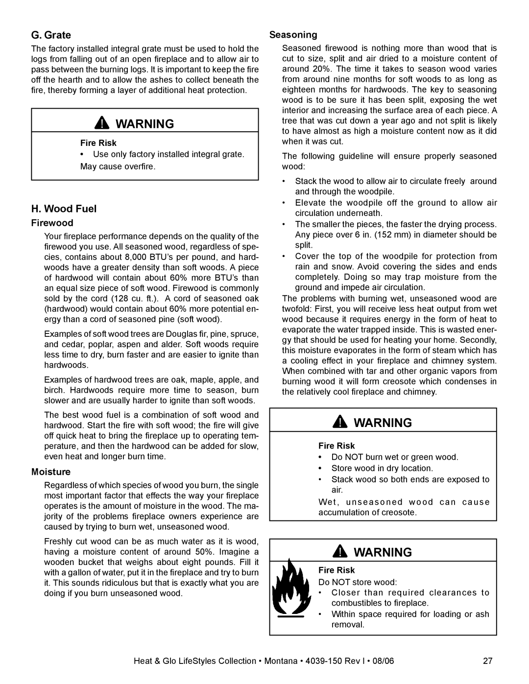 Heat & Glo LifeStyle Montana-36, Montana-42 owner manual Grate, Wood Fuel 