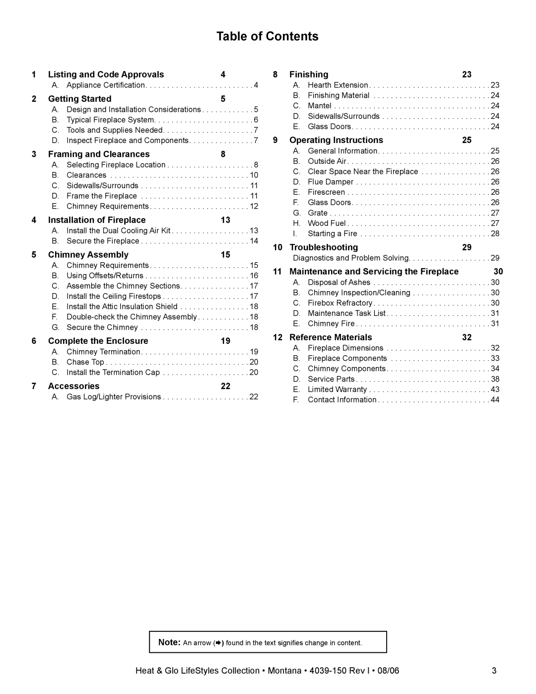 Heat & Glo LifeStyle Montana-36, Montana-42 owner manual Table of Contents 