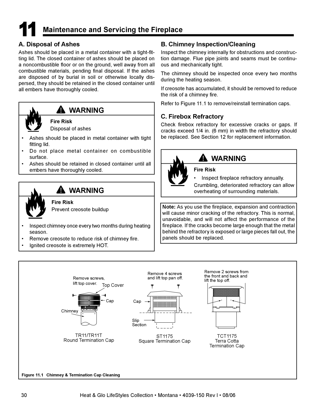 Heat & Glo LifeStyle Montana-42 Maintenance and Servicing the Fireplace, Disposal of Ashes, Chimney Inspection/Cleaning 