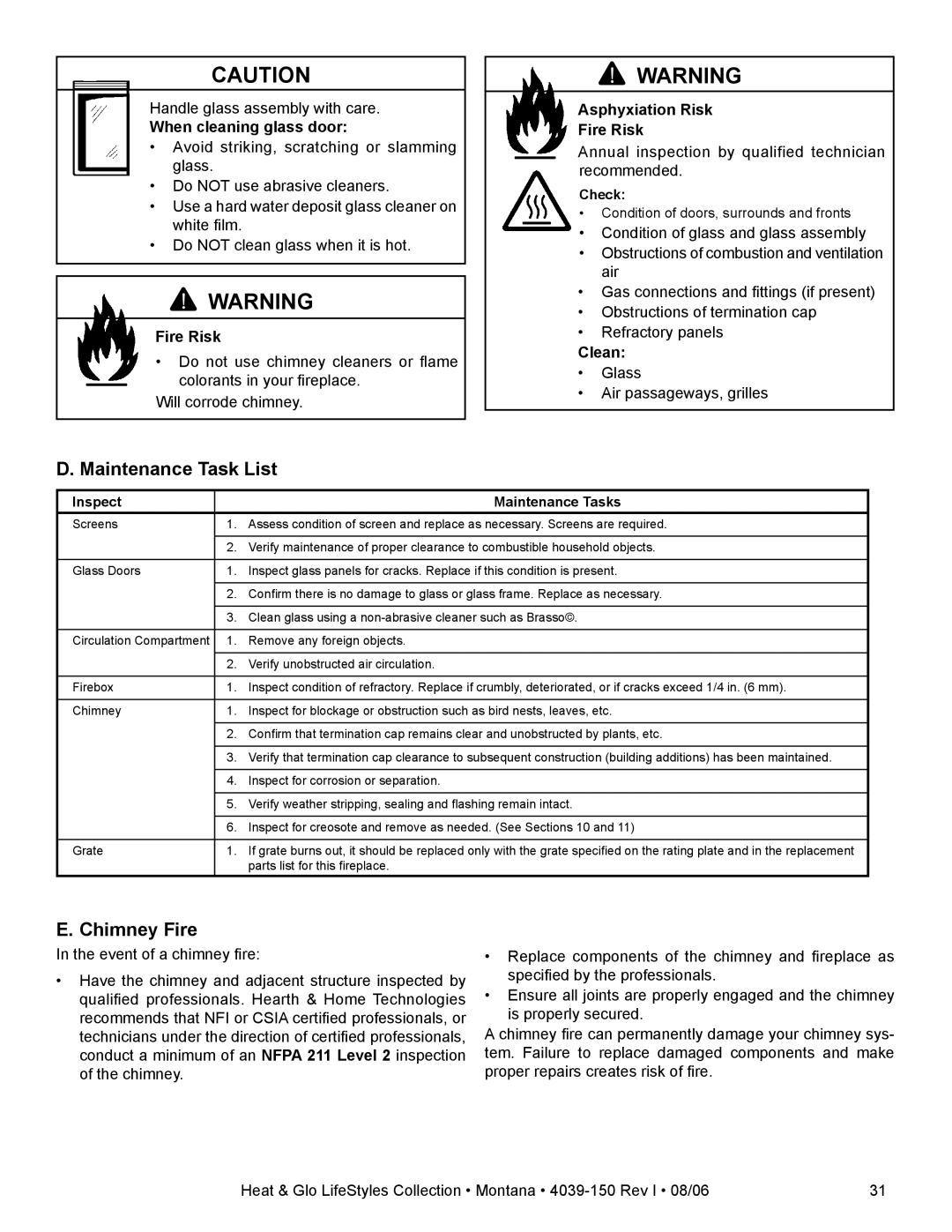 Heat & Glo LifeStyle Montana-36, Montana-42 Maintenance Task List, Chimney Fire, When cleaning glass door, Clean 