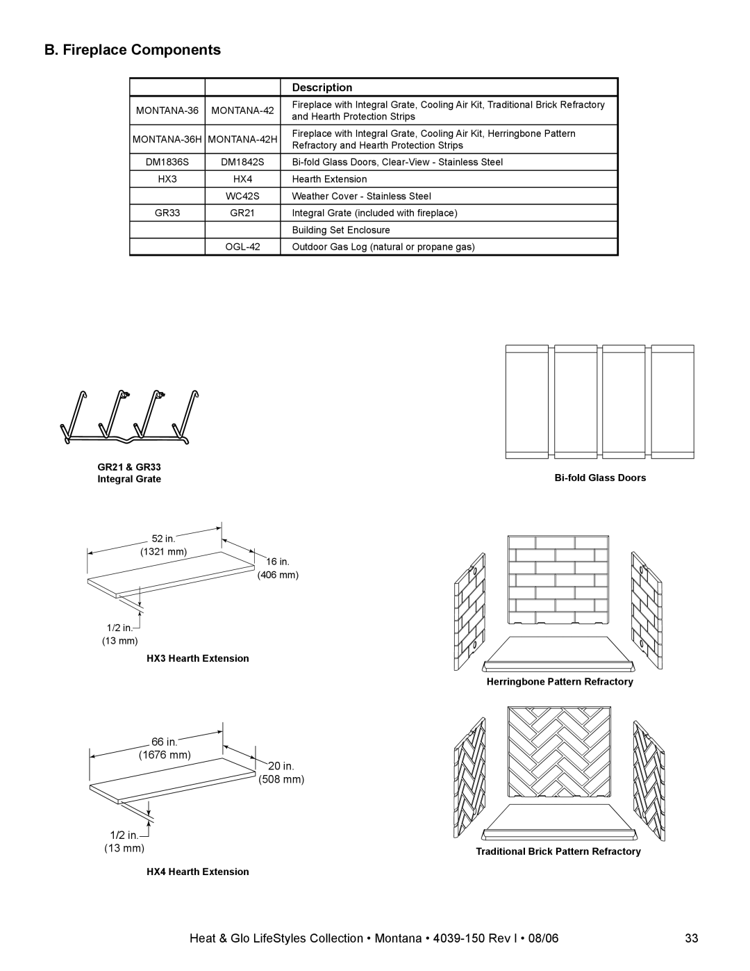 Heat & Glo LifeStyle Montana-36, Montana-42 owner manual Fireplace Components, Description 