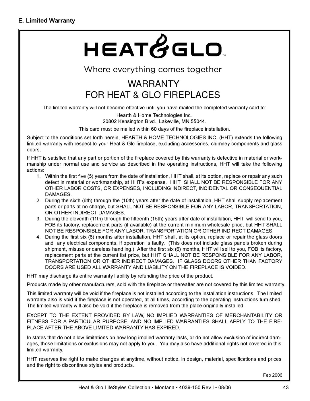 Heat & Glo LifeStyle Montana-36, Montana-42 owner manual Warranty For Heat & GLO Fireplaces, Limited Warranty 