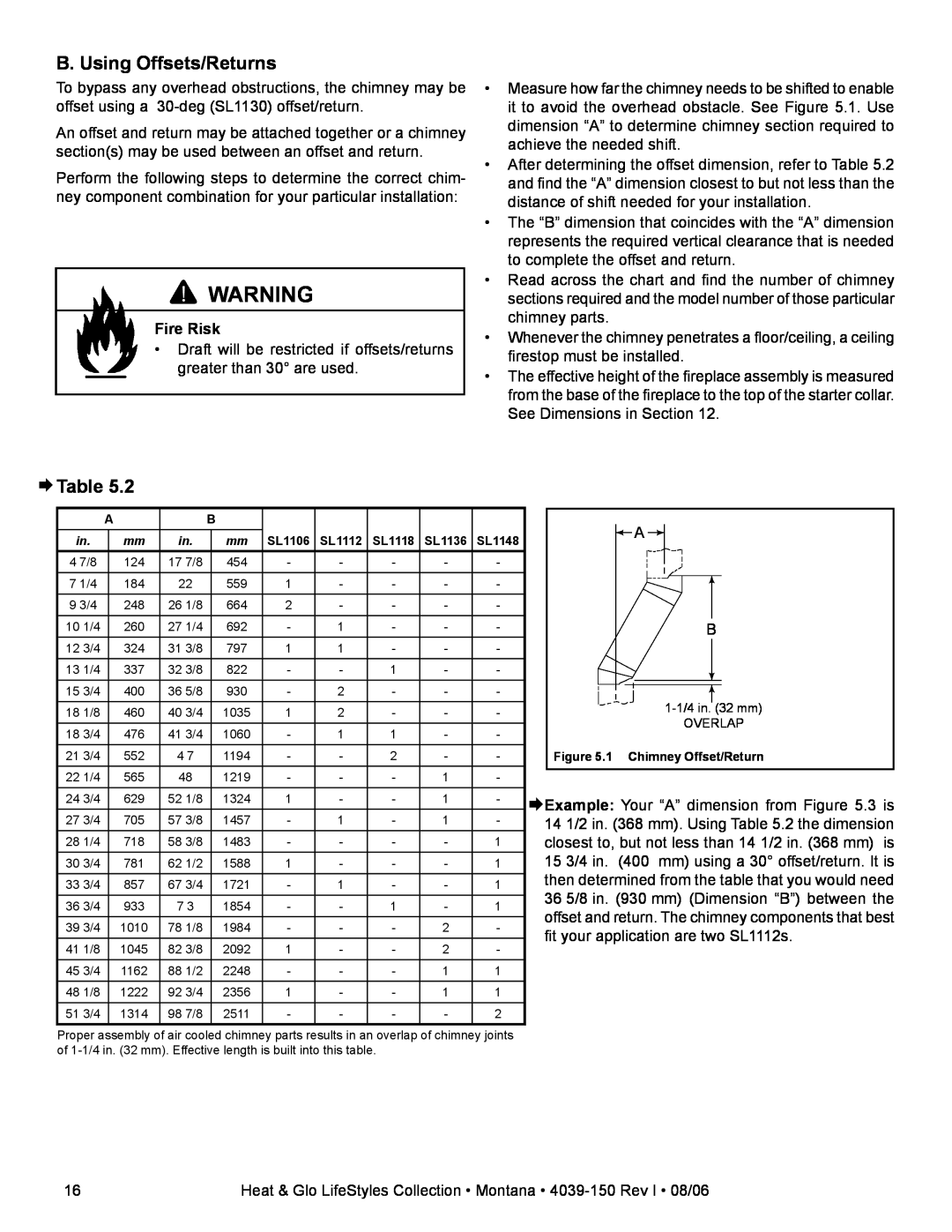 Heat & Glo LifeStyle Montana-42, Montana-36 owner manual B. Using Offsets/Returns, ¨Table, Fire Risk 