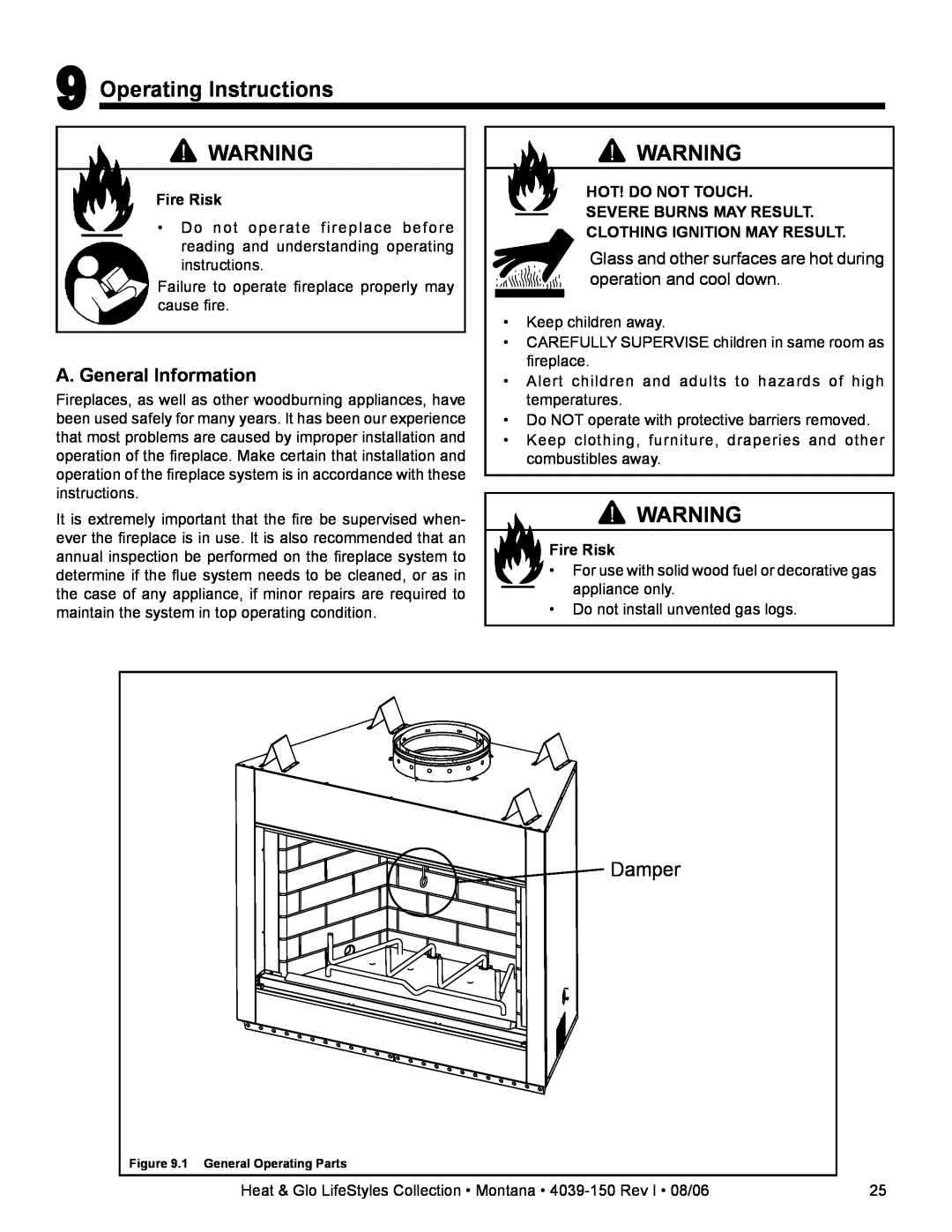 Heat & Glo LifeStyle Montana-36 Operating Instructions, Damper, Glass and other surfaces are hot during, Fire Risk 