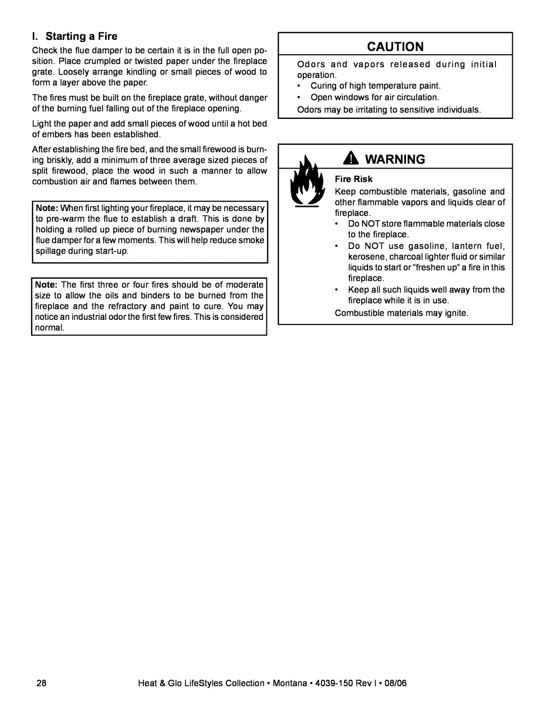 Heat & Glo LifeStyle Montana-42, Montana-36 owner manual I. Starting a Fire, Fire Risk 
