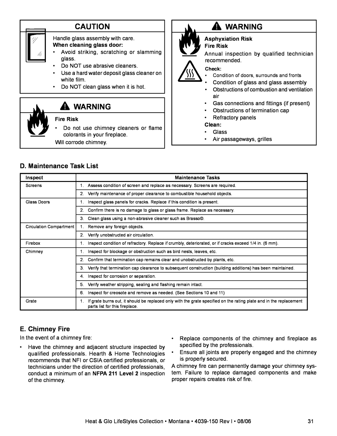 Heat & Glo LifeStyle Montana-36 D. Maintenance Task List, E. Chimney Fire, When cleaning glass door, Fire Risk, Clean 